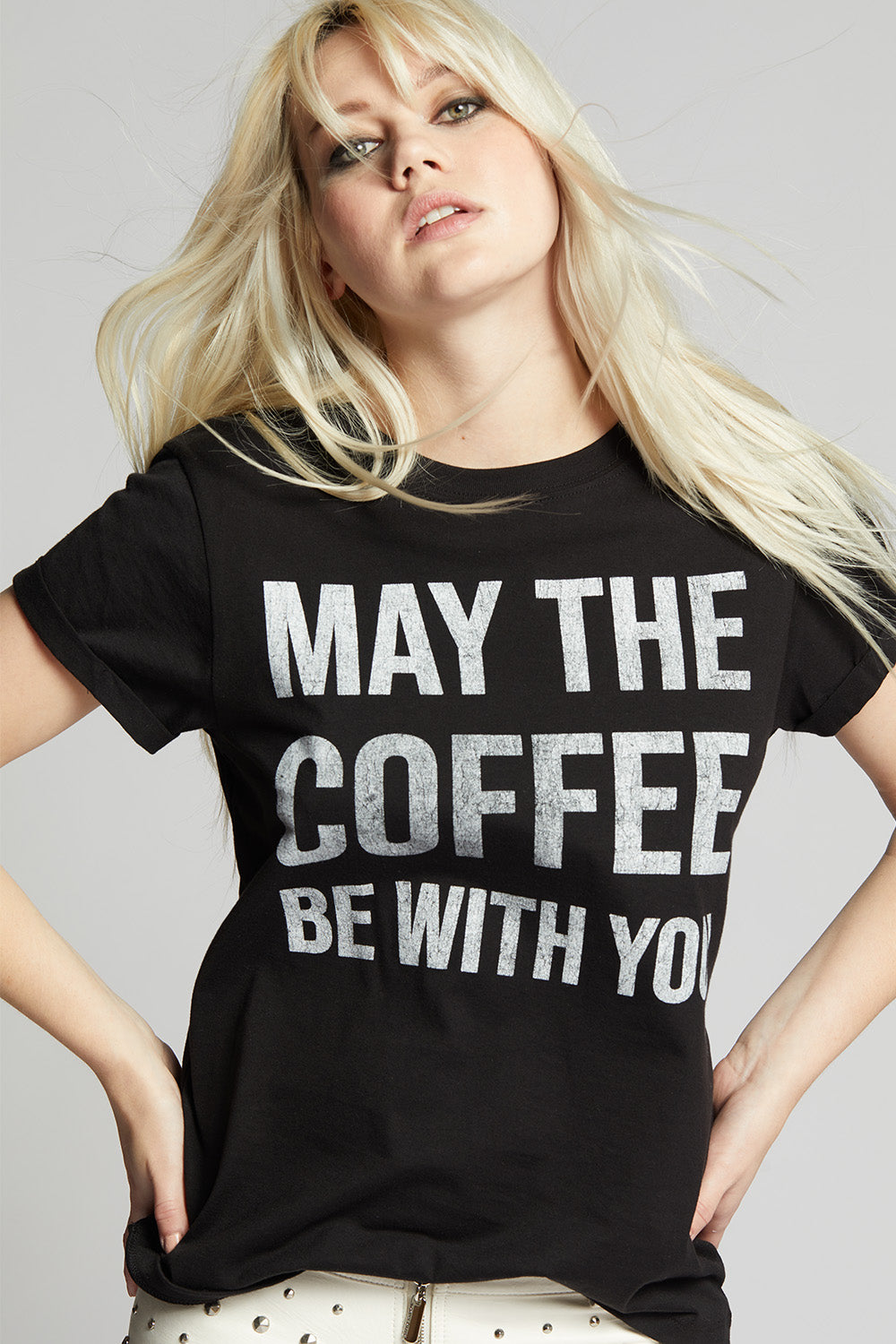 Women's Coffee With You T-shirt in Black with "May The Coffee Be With You" graphic