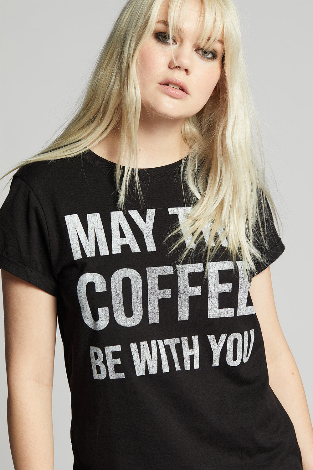 Women's Coffee With You T-shirt in Black with "May The Coffee Be With You" graphic