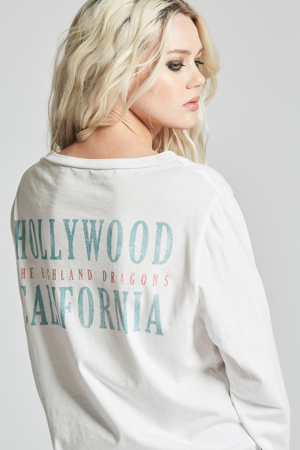 Long Sleeve Hollywood Highland Dragons T-shirt in White with crest and California graphics