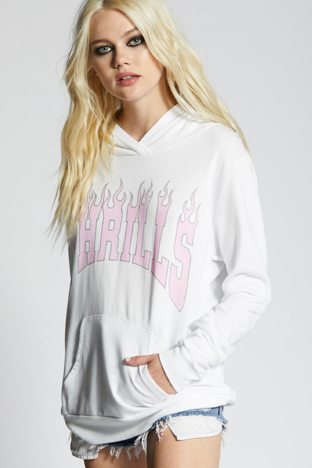 Oversized Thrills hoodie in White with pink flame graphic