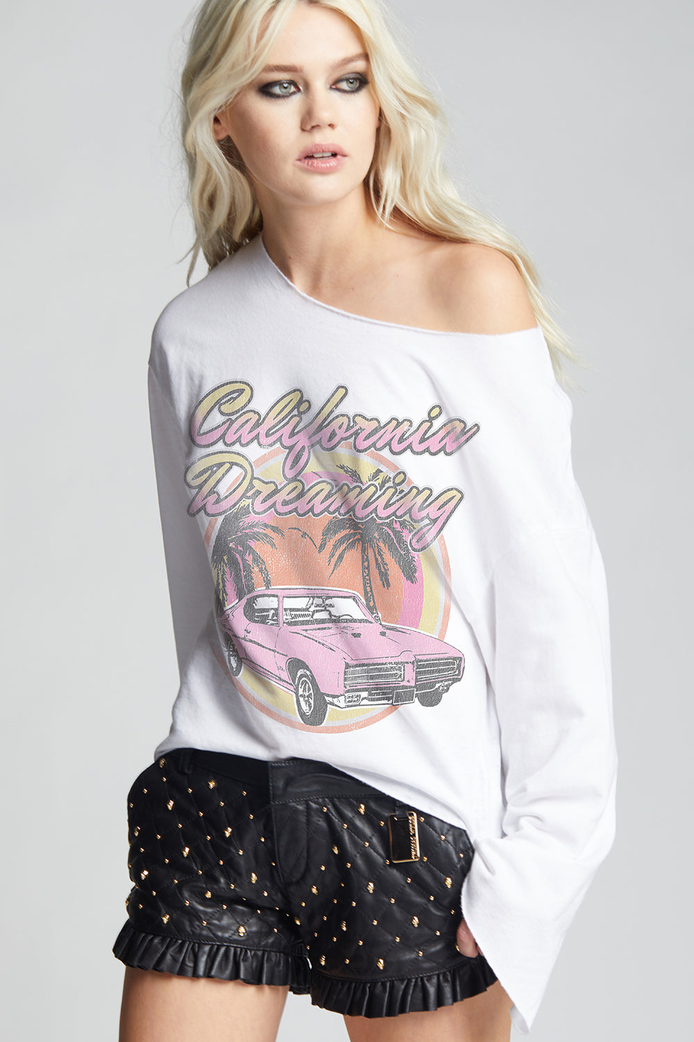 Women's California Dreaming Sunset Bell Sleeve top in White with sunset graphic