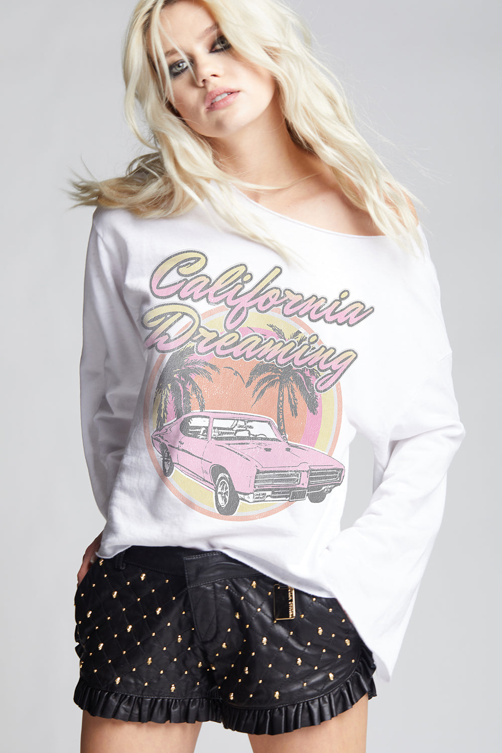 Women's California Dreaming Sunset Bell Sleeve top in White with sunset graphic