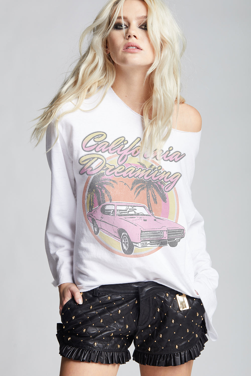 Women's California Dreaming Sunset Bell Sleeve top in White with sunset graphic