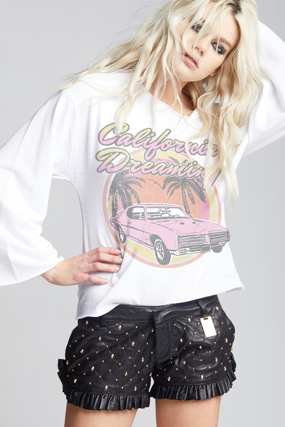 Women's California Dreaming Sunset Bell Sleeve top in White with sunset graphic