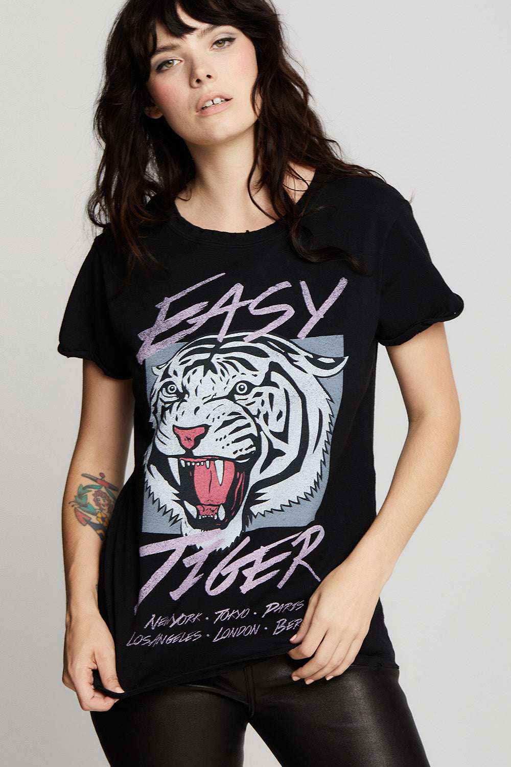 Women's Easy Tiger Around The World T-shirt in Black with tiger graphic