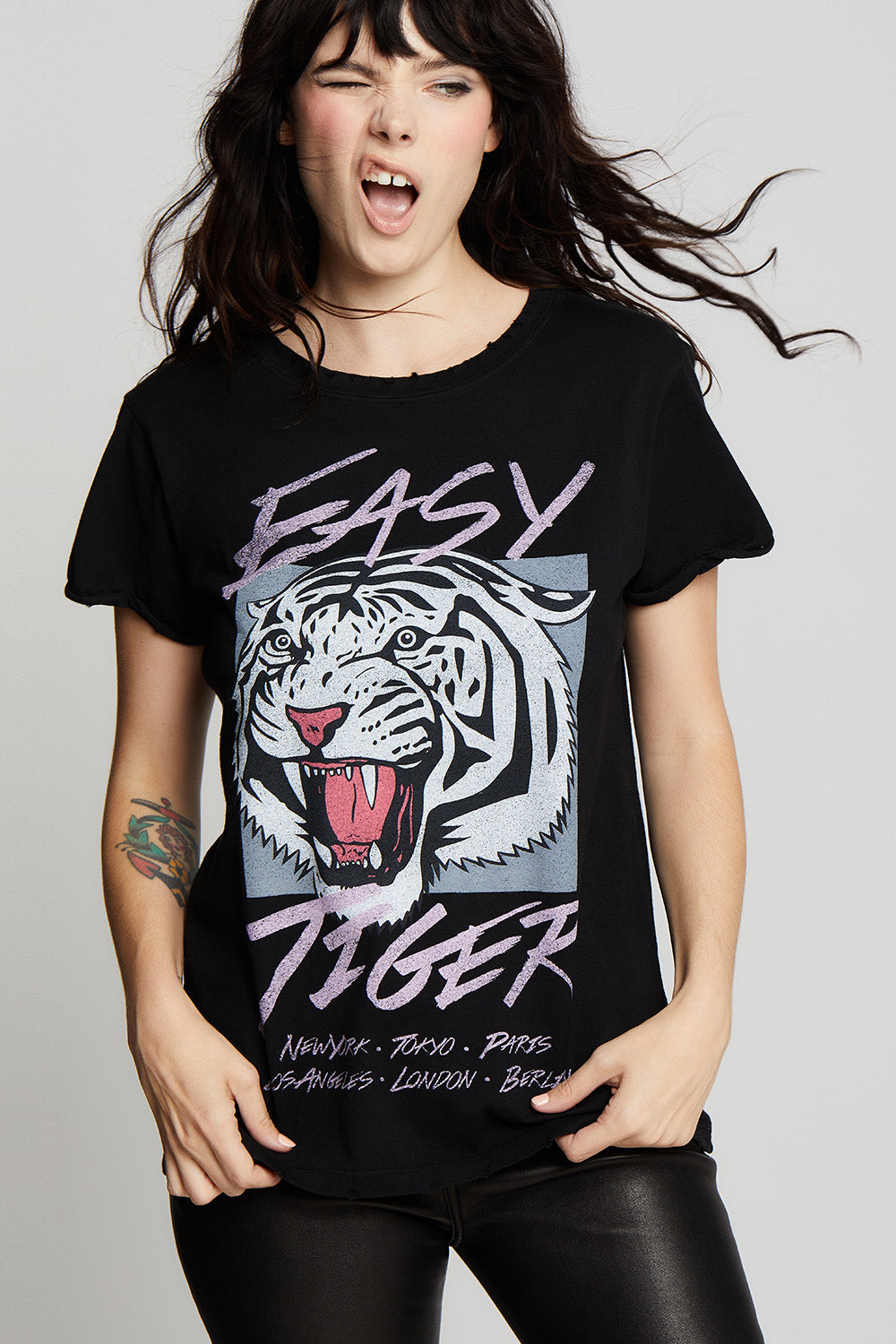 Women's Easy Tiger Around The World T-shirt in Black with tiger graphic