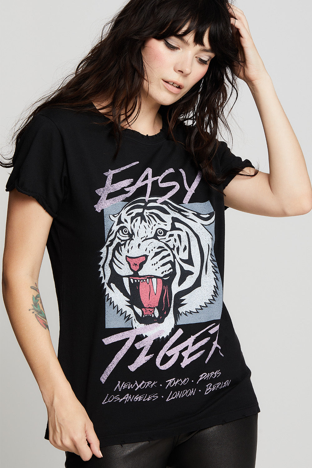 Women's Easy Tiger Around The World T-shirt in Black with tiger graphic