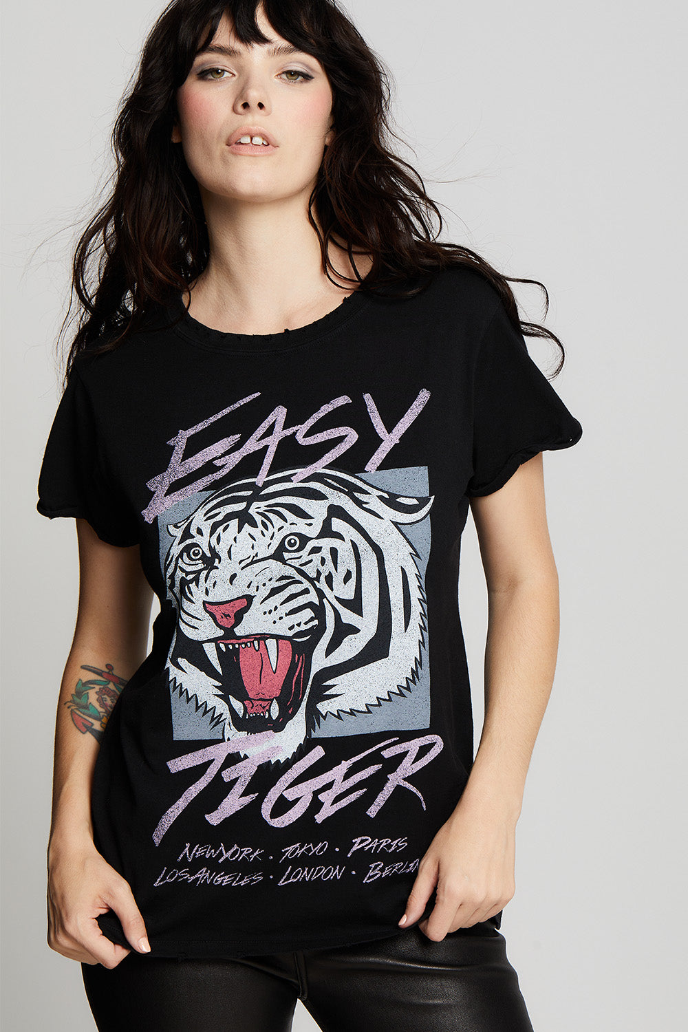 Women's Easy Tiger Around The World T-shirt in Black with tiger graphic