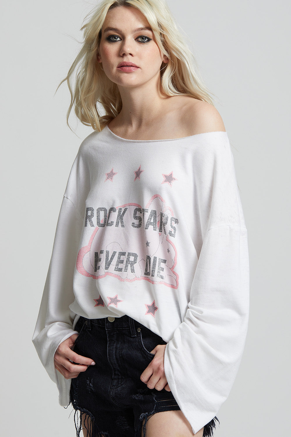 Women's Rock Stars Never Die Bell Sleeve top in White with graphic