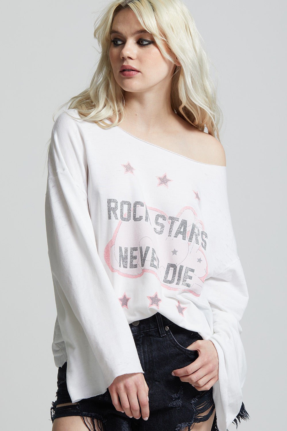 Women's Rock Stars Never Die Bell Sleeve top in White with graphic