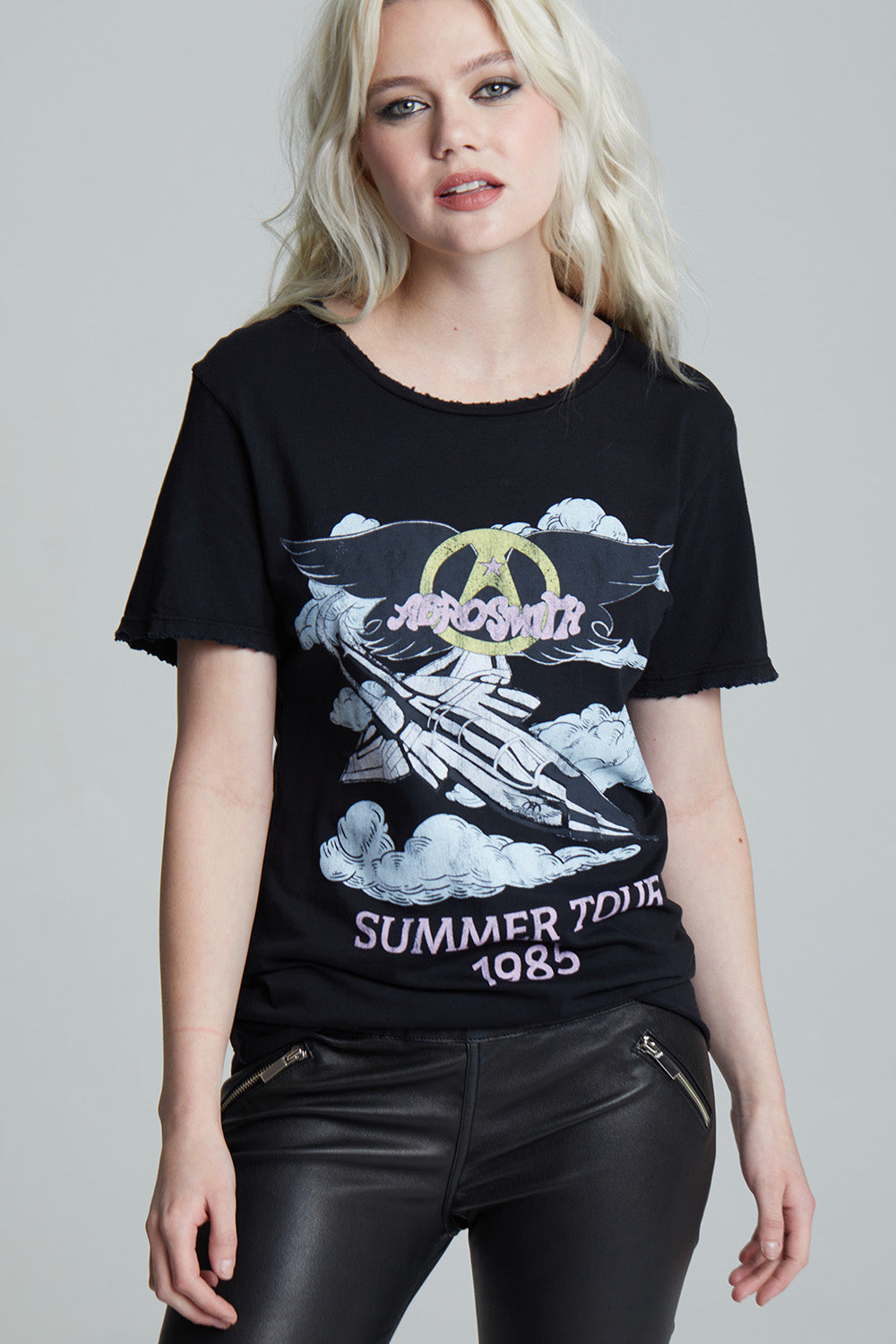 Black Unisex Aerosmith Summer 1985 Tour T-shirt with front and back graphics