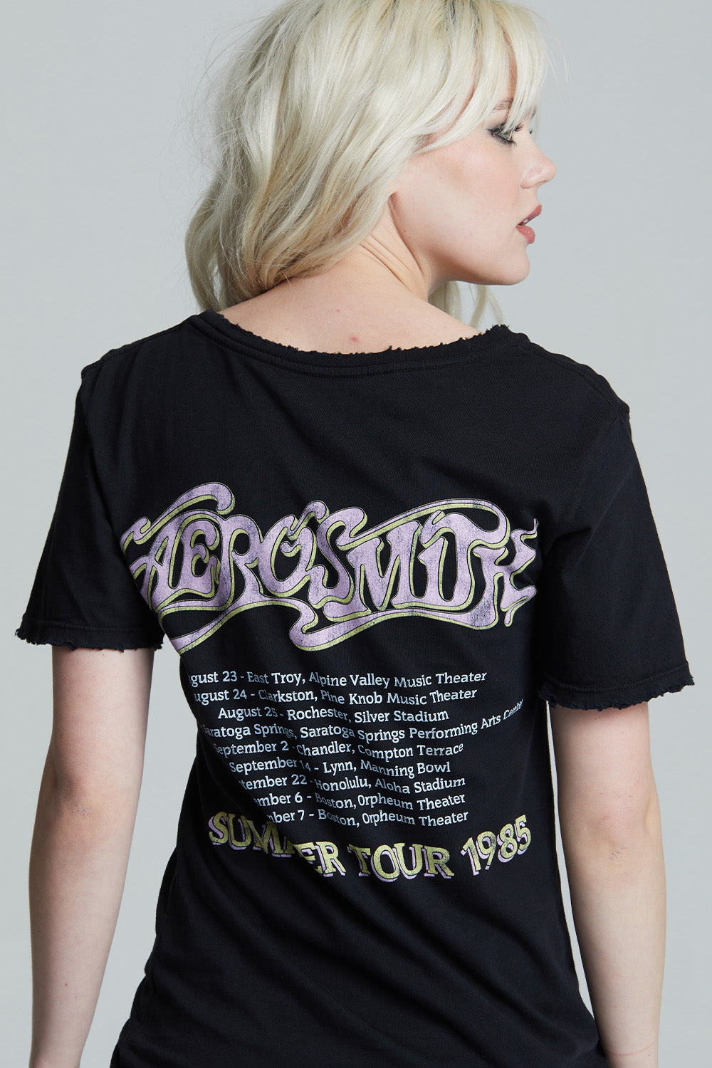 Black Unisex Aerosmith Summer 1985 Tour T-shirt with front and back graphics