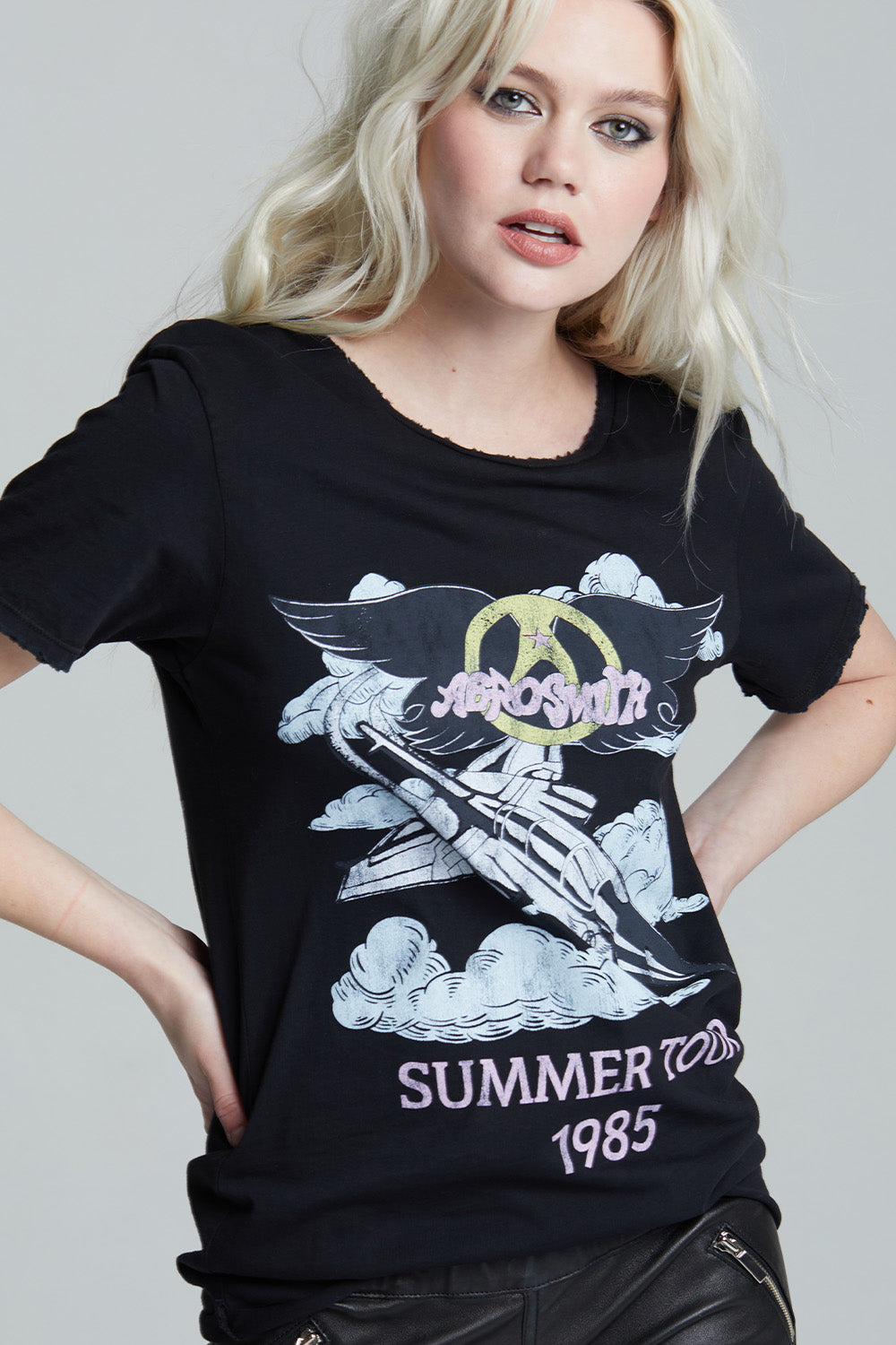 Black Unisex Aerosmith Summer 1985 Tour T-shirt with front and back graphics