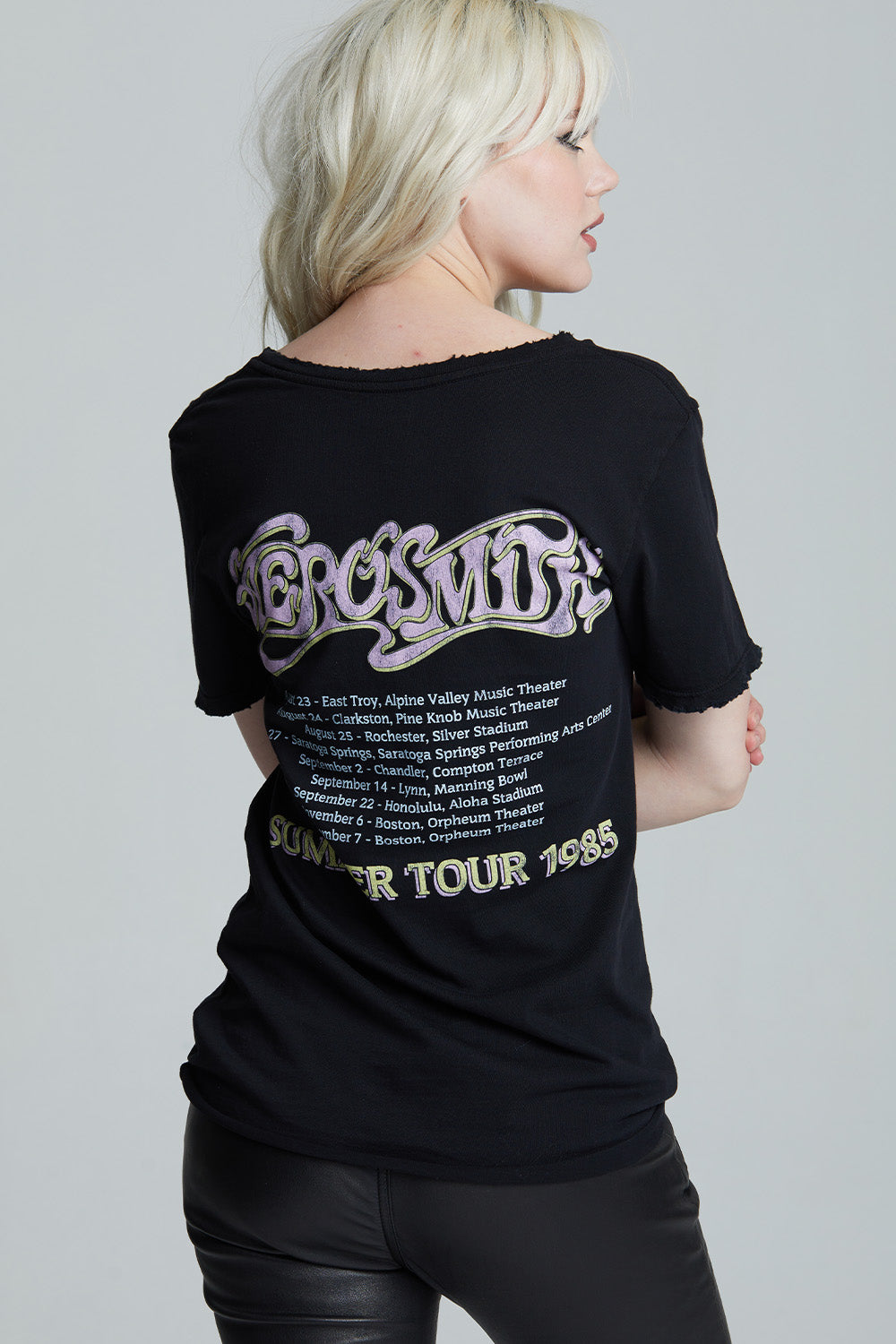 Black Unisex Aerosmith Summer 1985 Tour T-shirt with front and back graphics