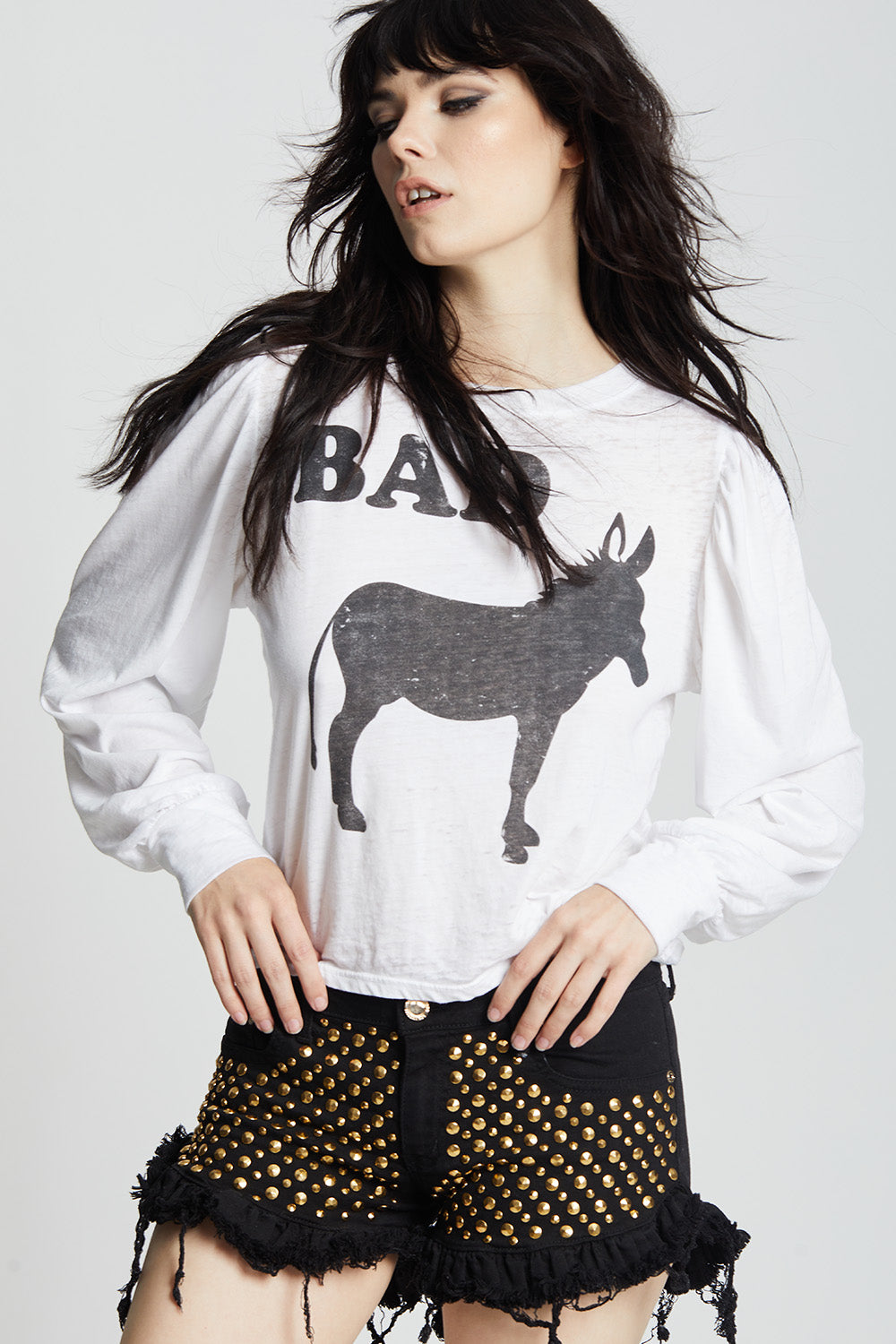 Women's Bad Donkey Puff Sleeve T-shirt in White with donkey graphic