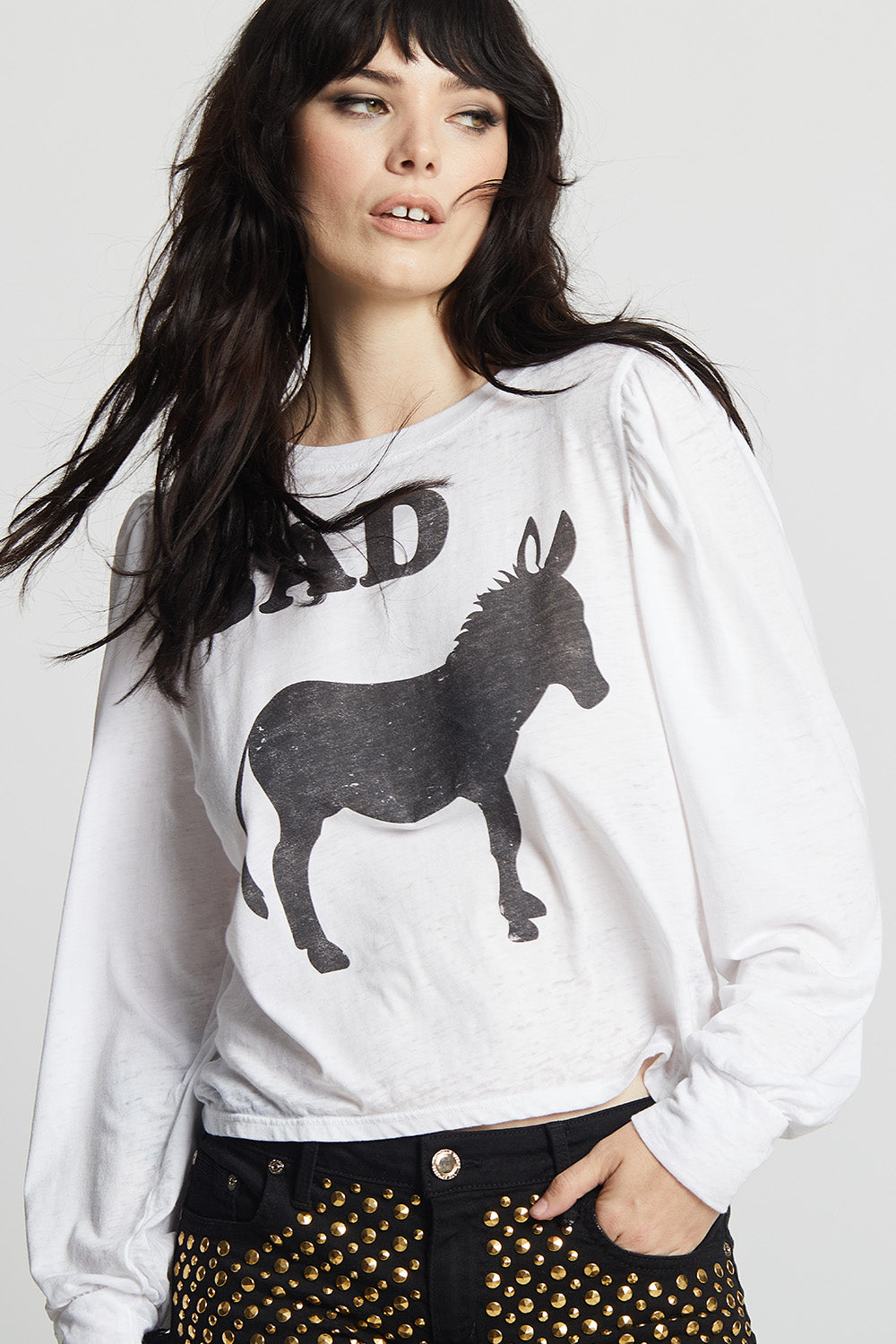 Women's Bad Donkey Puff Sleeve T-shirt in White with donkey graphic