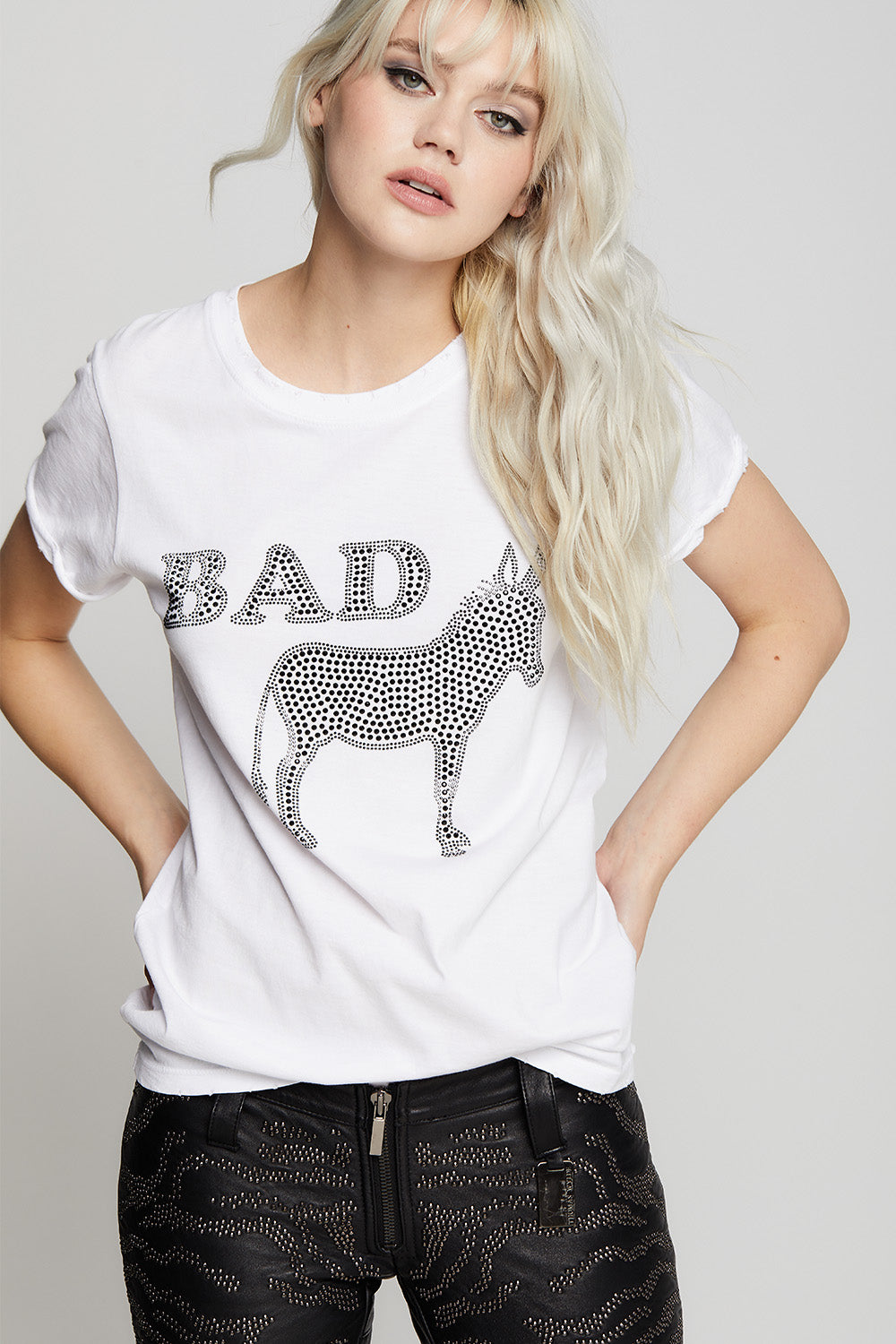 Women's Bad Ass Crystal Embellished T-shirt in White with black crystal detailing