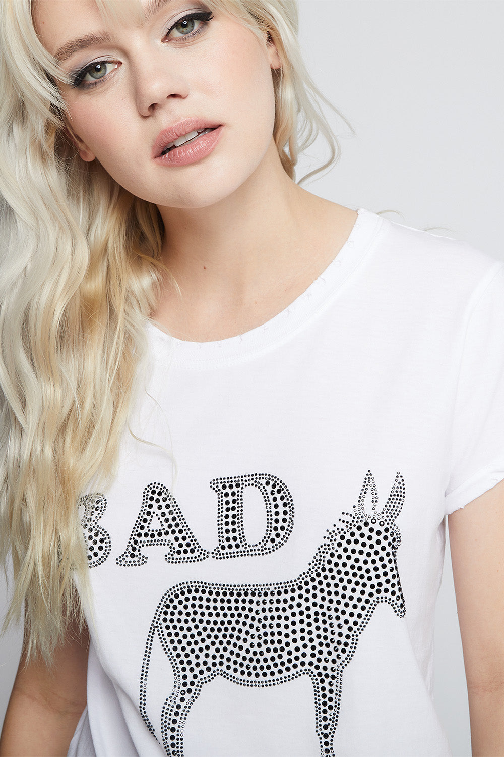 Women's Bad Ass Crystal Embellished T-shirt in White with black crystal detailing
