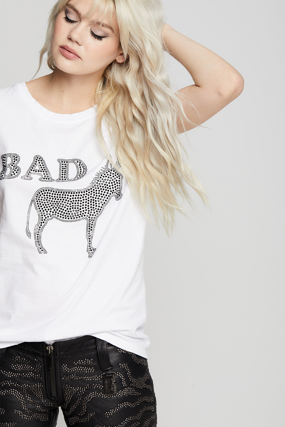 Women's Bad Ass Crystal Embellished T-shirt in White with black crystal detailing
