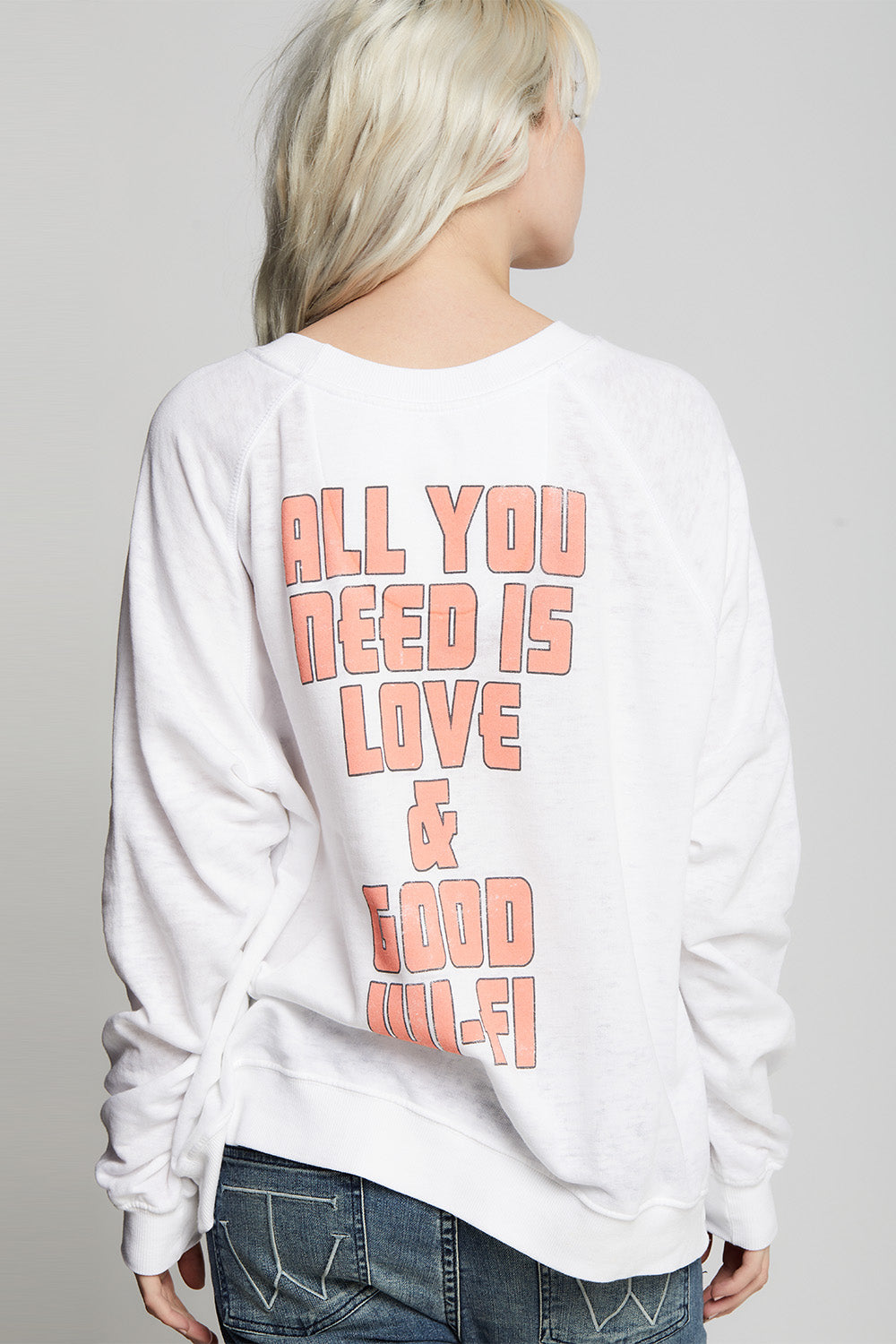 Oversized I Feel Love Sweatshirt in White with cheetah, sun, rose, and text graphics