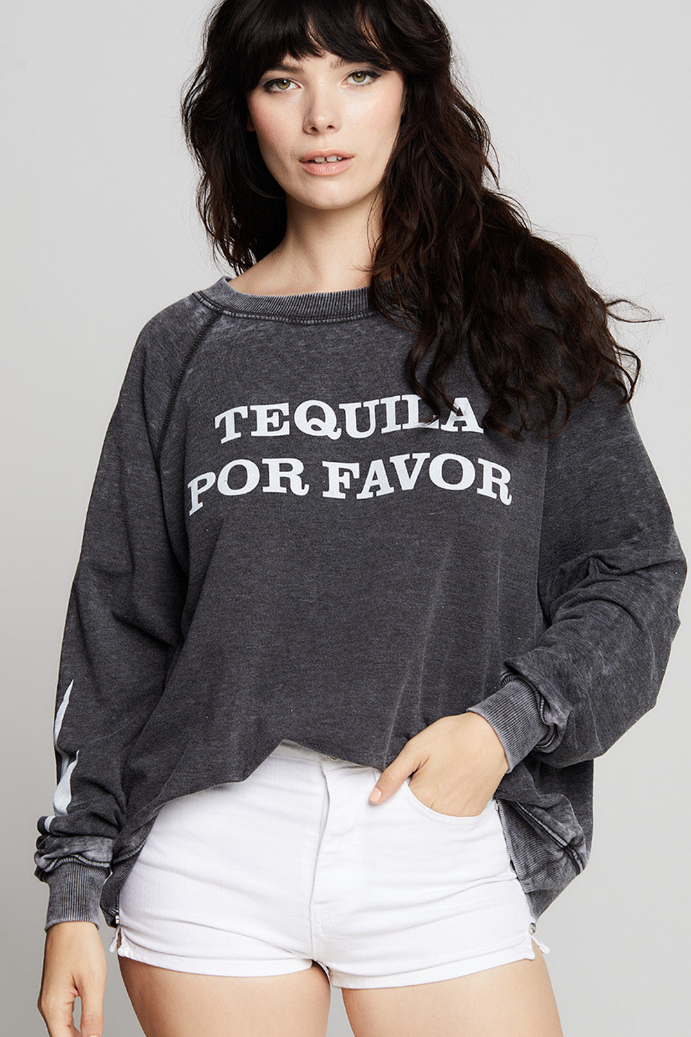 Tequila Por Favor Faded Black Oversized Statement Sweatshirt