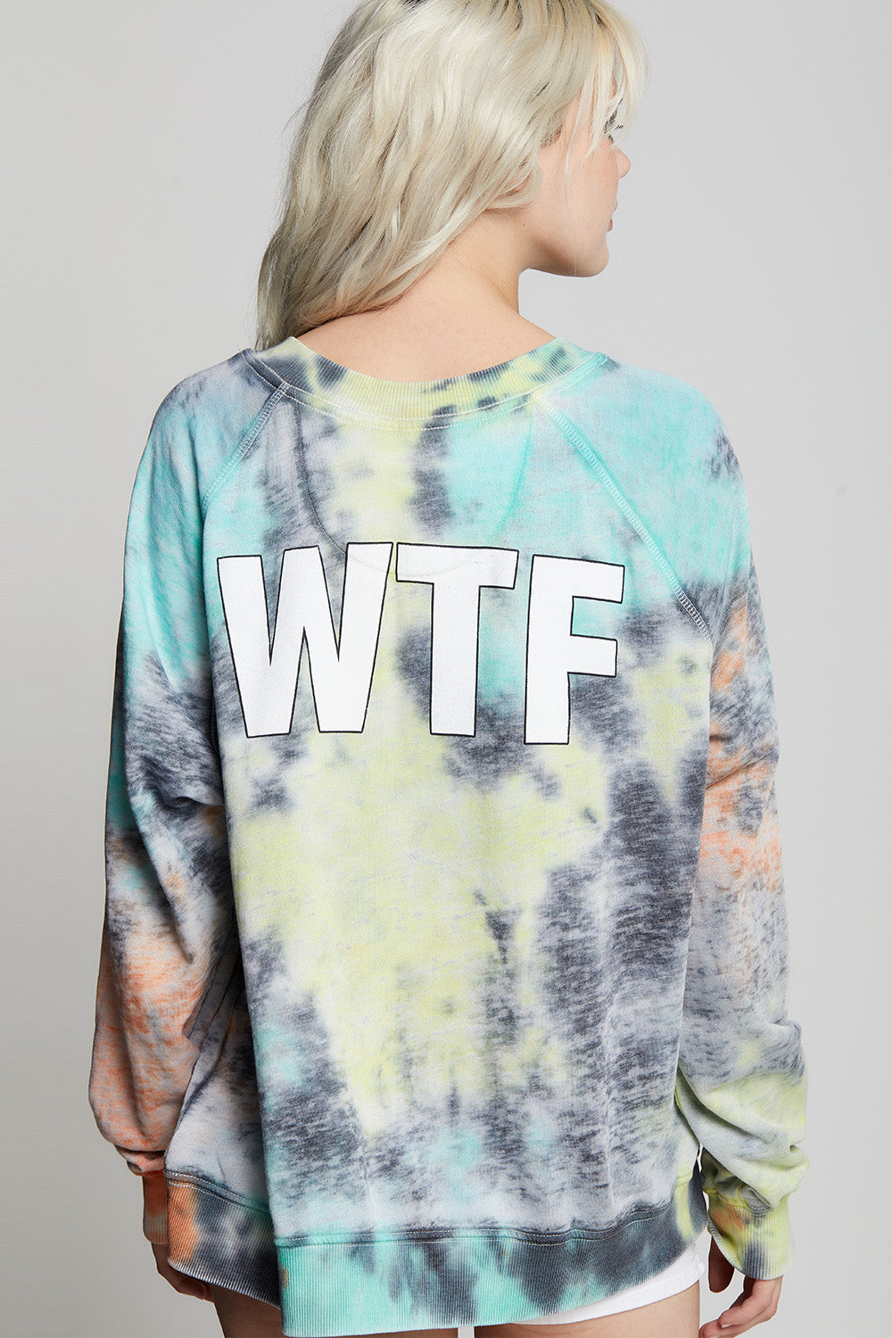 Whiskey Tango Foxtrot Oversized Sweatshirt in Fall Tie Dye colors with text graphic.