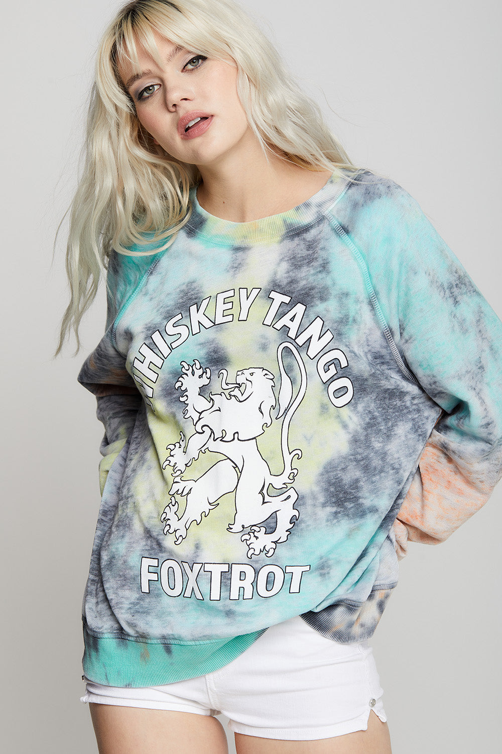 Whiskey Tango Foxtrot Oversized Sweatshirt in Fall Tie Dye colors with text graphic.