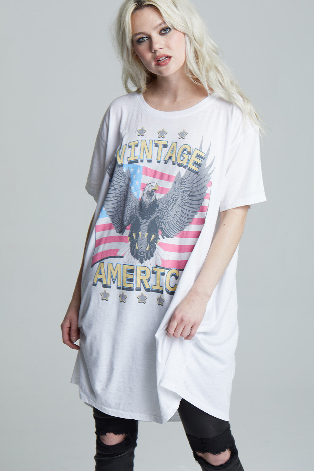 White oversized 'Vintage America' t-shirt dress with American Flag and bald eagle graphics