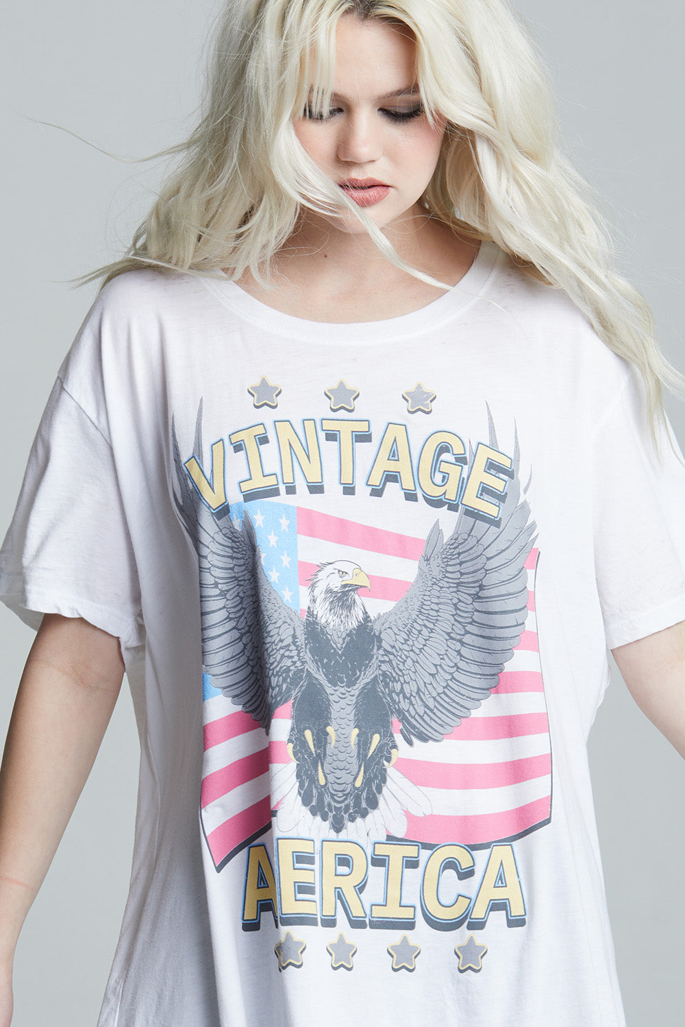 White oversized 'Vintage America' t-shirt dress with American Flag and bald eagle graphics