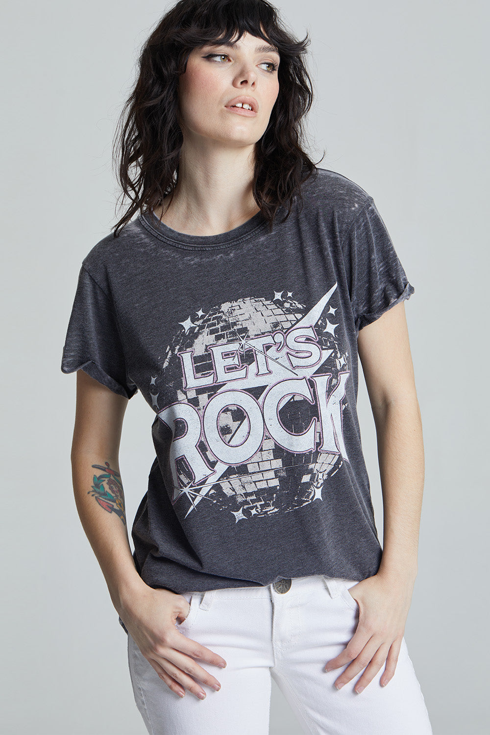 Women's black fitted 'Let's Rock' t-shirt with a disco ball and lightning bolt graphic.