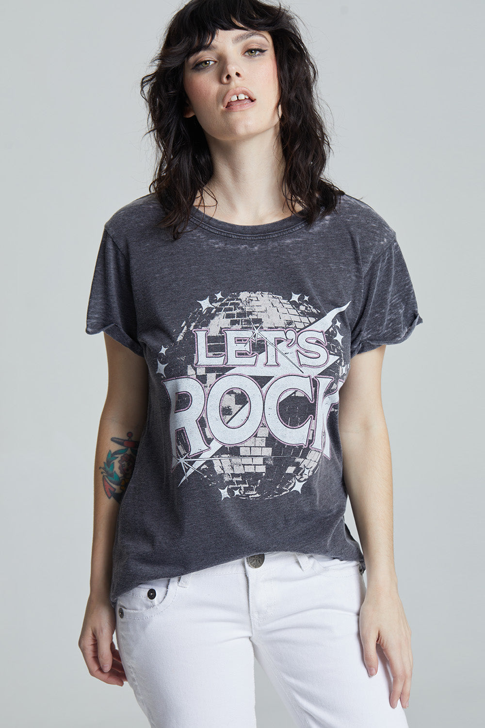 Women's black fitted 'Let's Rock' t-shirt with a disco ball and lightning bolt graphic.