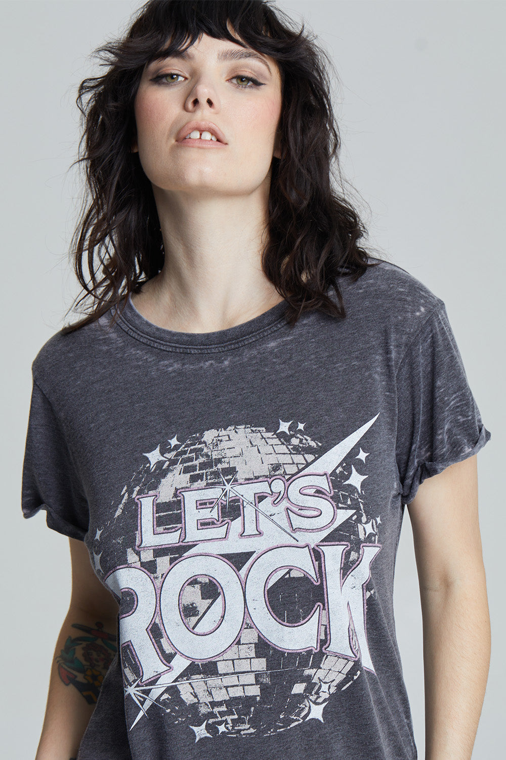 Women's black fitted 'Let's Rock' t-shirt with a disco ball and lightning bolt graphic.