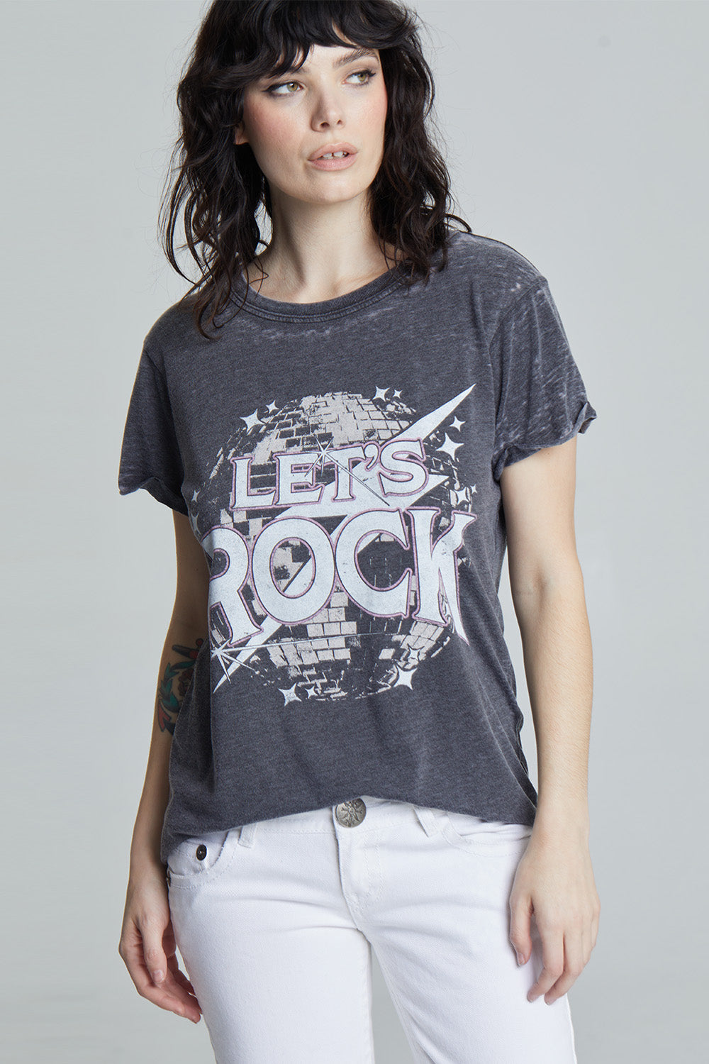 Women's black fitted 'Let's Rock' t-shirt with a disco ball and lightning bolt graphic.