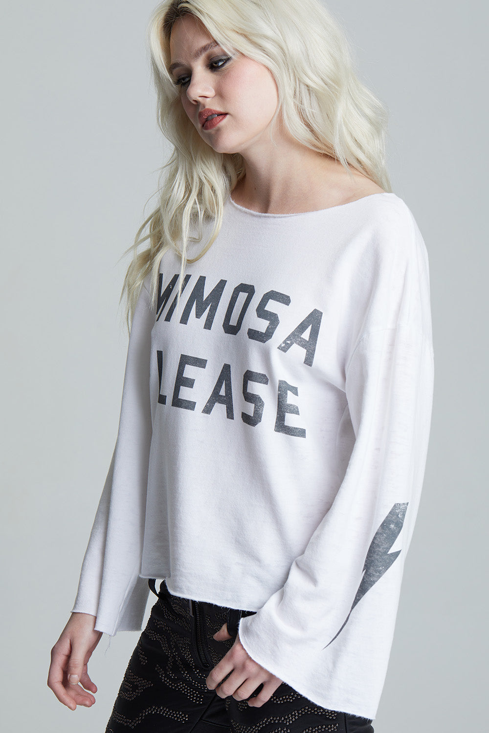 Women's white 'Mimosa Please' bell sleeve top with distressed graphics and a bolt on the sleeve.
