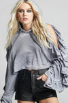 Grey Ruffle Cold Shoulder Crop Hoodie