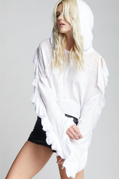 White Ruffle Cold Shoulder Crop Hoodie