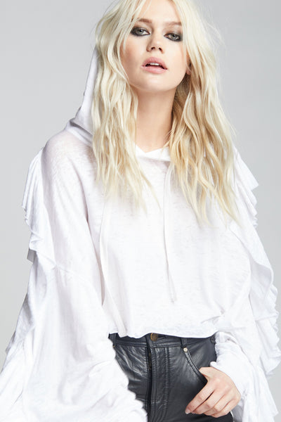 White Ruffle Cold Shoulder Crop Hoodie