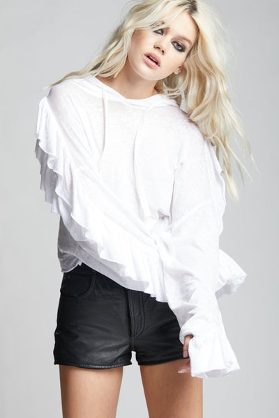 White Ruffle Cold Shoulder Crop Hoodie