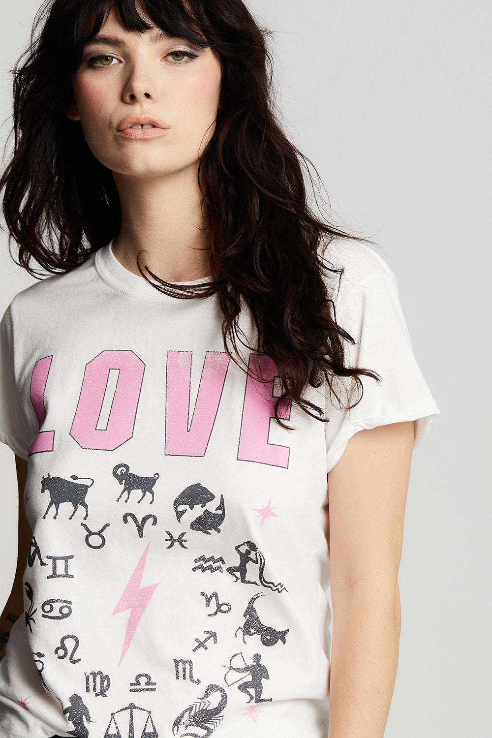 Women's All You Need Is Love T-shirt in White with zodiac signs and text